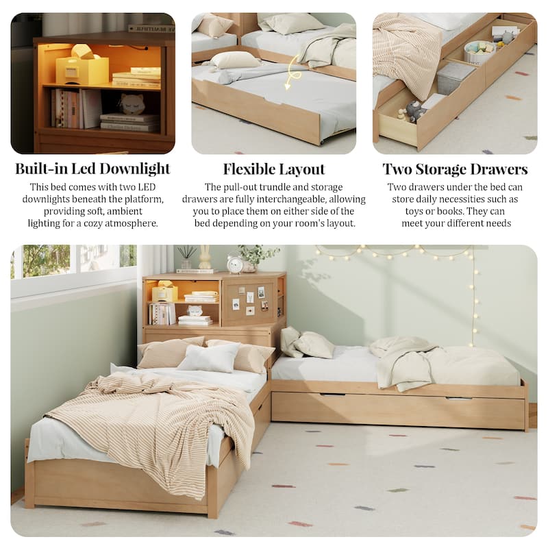 All-in-one Low Profile Platform Bed with Trundle and Drawer, Wooden Floor Bed Linked Corner Bed Built-in Desk and Led Downlight