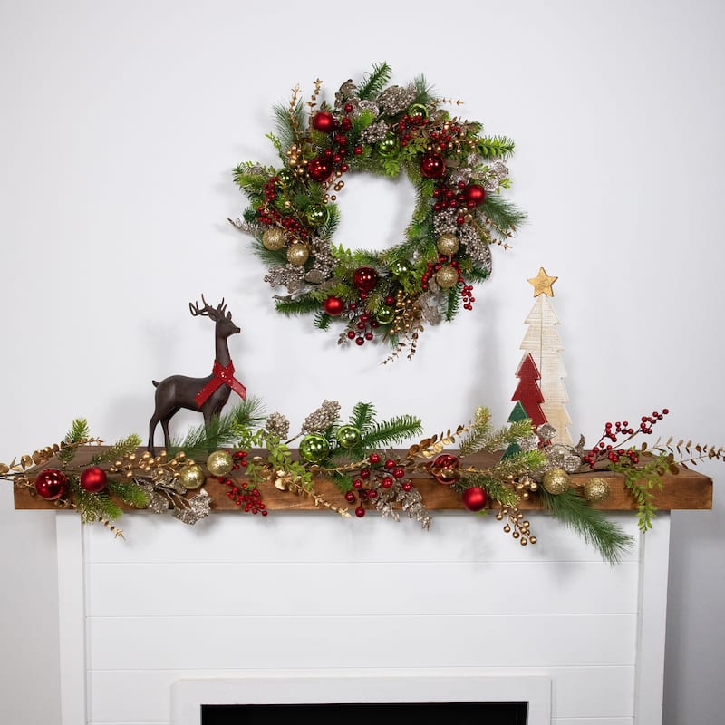 Glittered Ornaments and Berries Christmas Wreath - 24" - Green and Gold