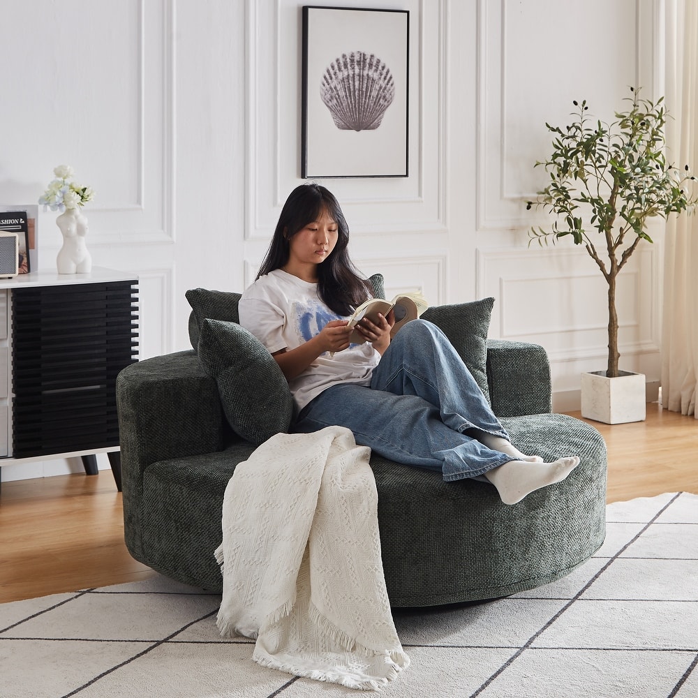 360 Degree Swivel Sofa Chair with Backrest Pillow for Livingroom 55'' Chenille Single Sofa, Round Fluffy Sleeper Sofa