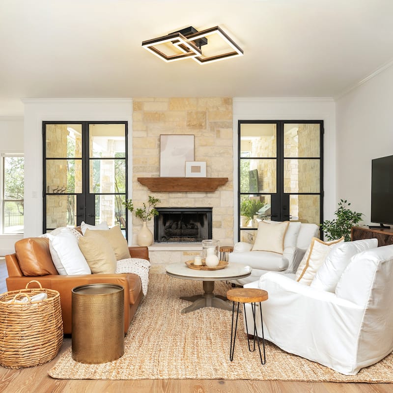 2 - Light Farmhouse Integrated LED Rectangle Wood Flush Mount Ceiling Light - W13.4"