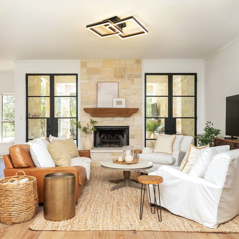 2-Light Farmhouse Integrated LED Rectangle Wood Flush Mount Ceiling Light - W13.4"