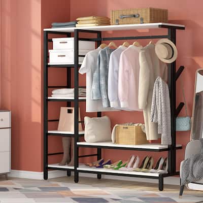 Freestanding Garment Rack with 4-Tier Storage Shelves and 4 Hooks
