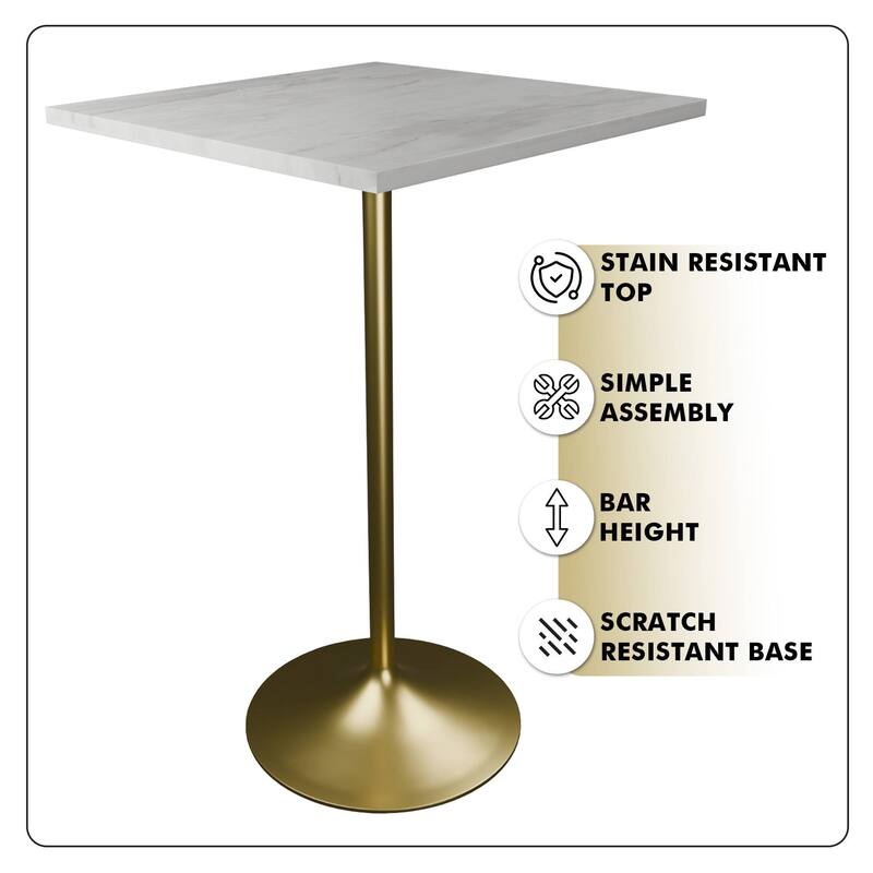 LeisureMod Verve Square Bar Dining Table with White Resin TableTop and Gold Steel Base for Kitchen & Dining Room