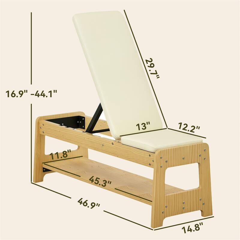 Adjustable Dumbbell PU Padding Bench with Storage Rack and Wood Frame for Home Gym - 46.9" L x 14.8" W x 16.9" -44.1" H