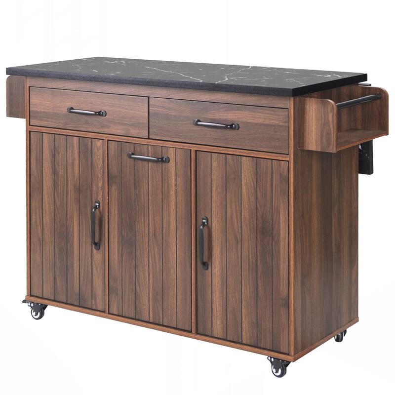 Kitchen Island with Trash Can Storage Cabinet, Kitchen Cart with Drop Leaf, Spice Rack
