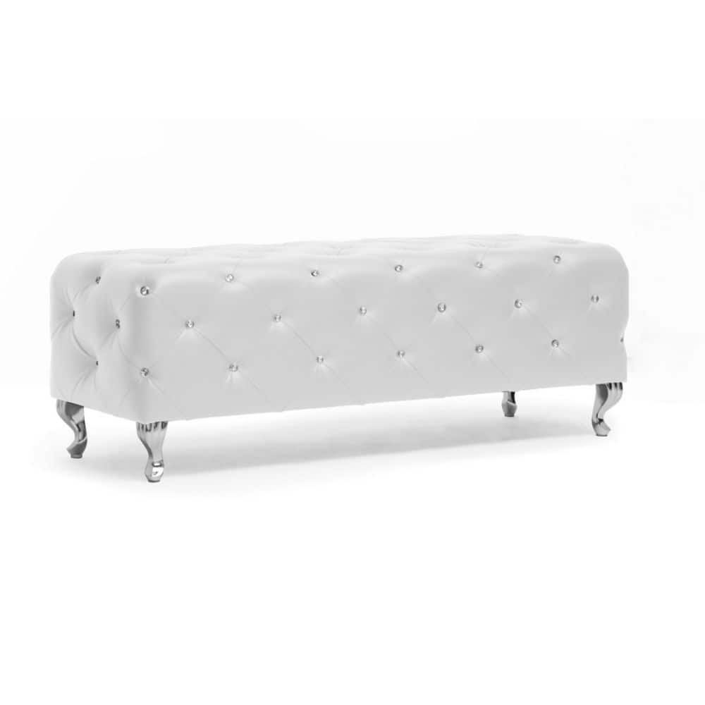 Stella Crystal Tufted White Modern Bench - 19.5" H x 54" W x 19" D