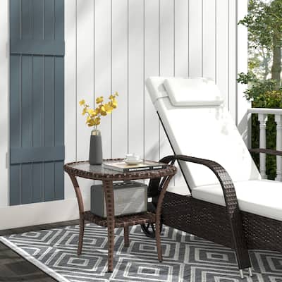 Outdoor Rattan Coffee Table with Storage Shelf, Wicker Side Table with Glass Top