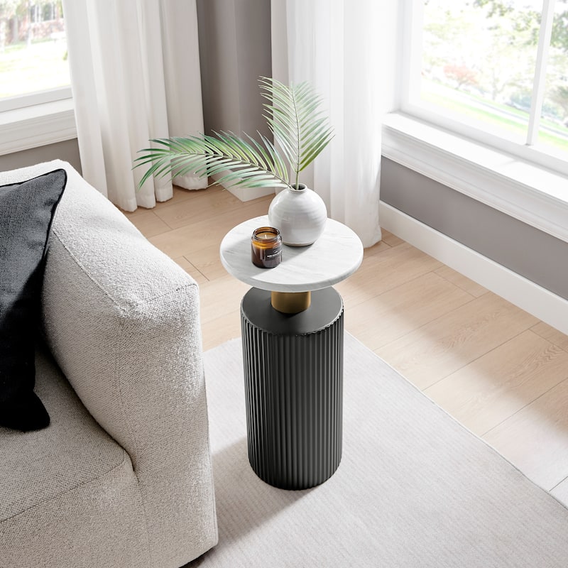 Danya B. Fritz Midcentury Modern Side Accent Table with Black Base Gold Metal Column Accents and Faux Marble Laminate Tabletop