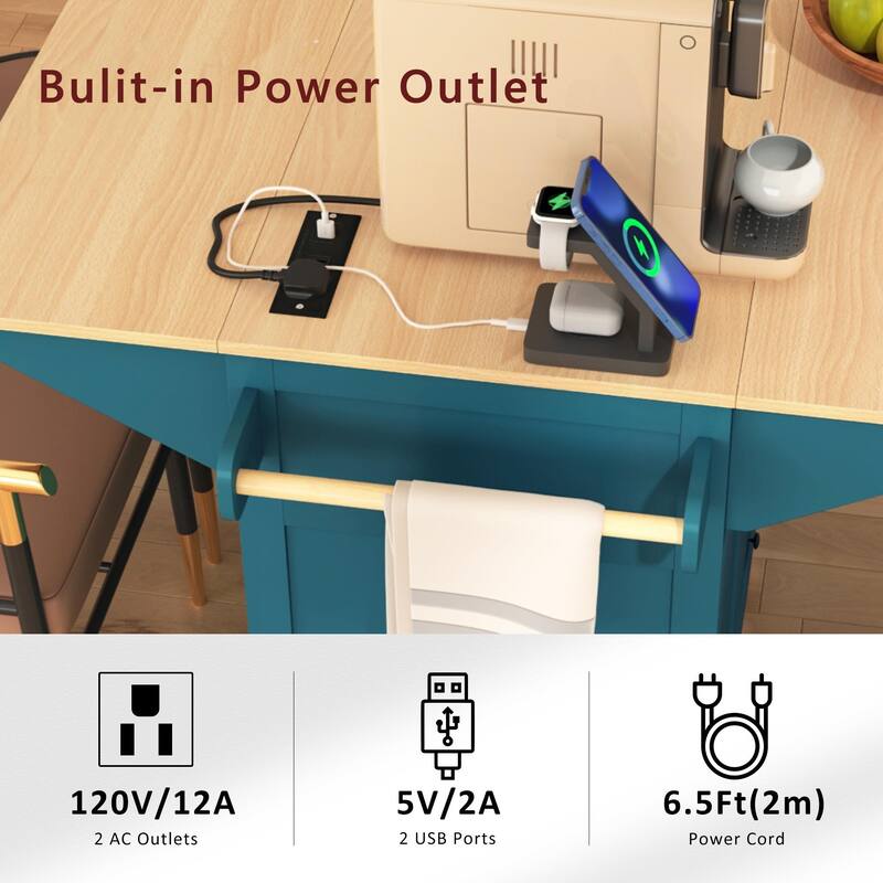 55.7" Large Kitchen Island with 2 Drop Leaf, on 5 Wheels with Power Outlet, Dining Table with Spice Towel Rack, 3 Drawers