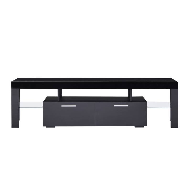 TV Stand Entertainment Center Console with LED Light and Glass Shelf, Metal Handle