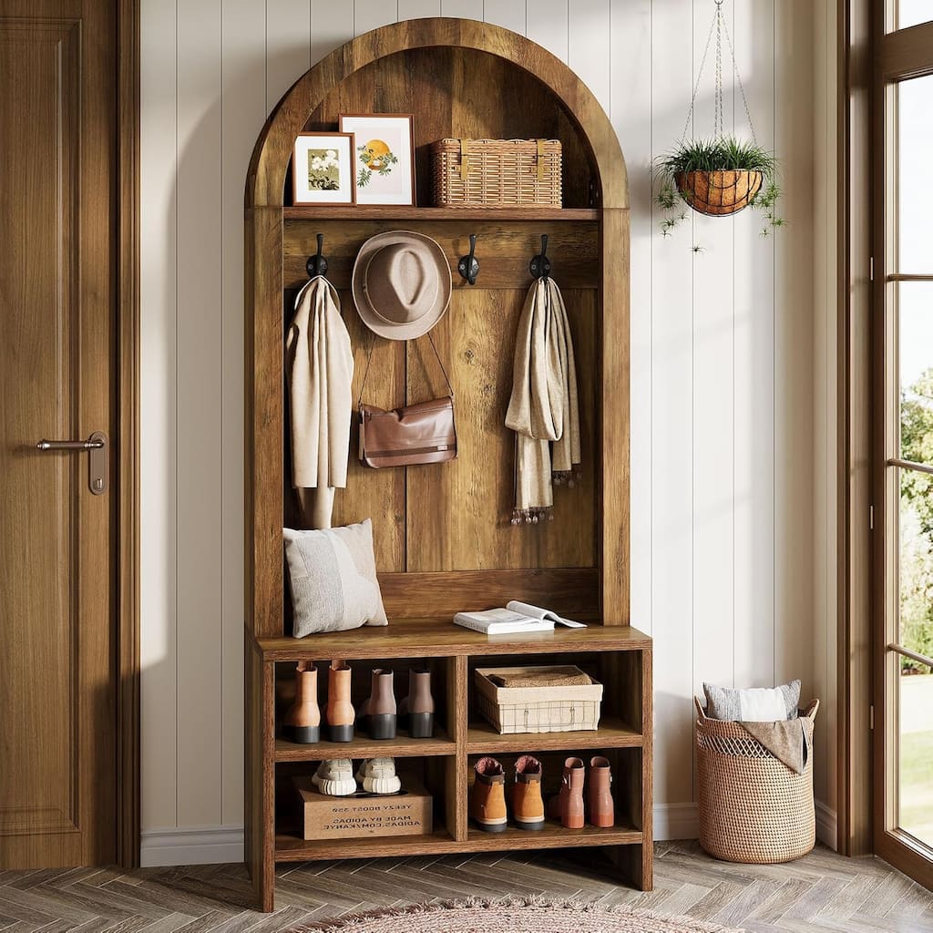 70.87“ High Arched Hall Tree with Storage Bench and Coat Rack for Entryway - 31.49" W x 13.77" D x 70.86" H