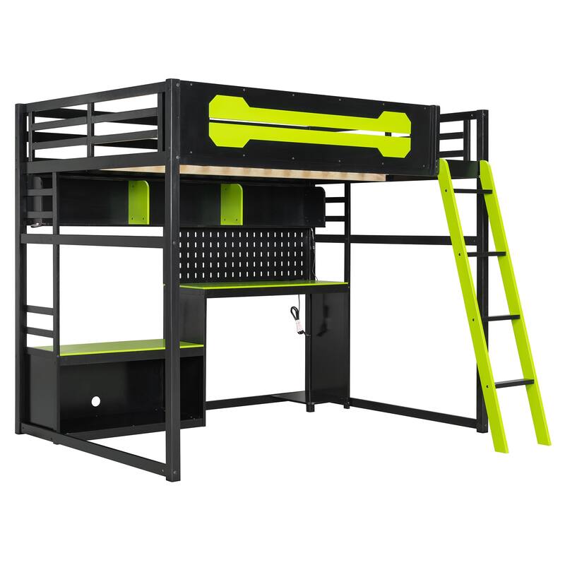 Roomfitters Full Size Gaming Loft Bed with Desk, Pegboard, LED Lights and USB Ports