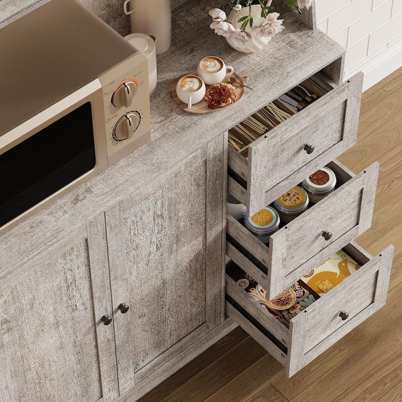 67" Tall Kitchen Hutch Storage Cabinet, Farmhosue Coffee Bar Cabinet with 3 Drawers