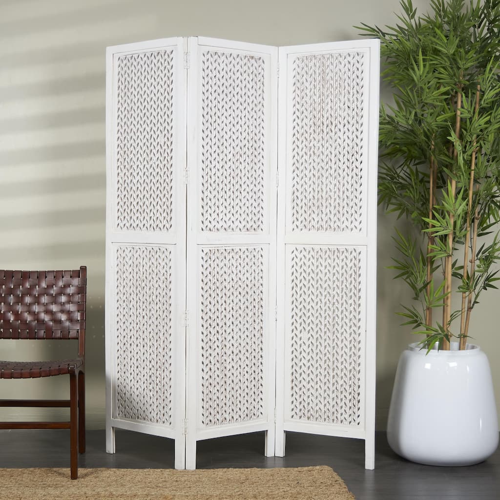 White Mango Wood Cutout 3 Panel Geometric Partition Room Divider Screen