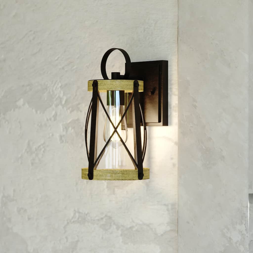 VAXCEL Harwood 1-Light Oxidized Iron and Elm Dusk to Dawn Sensor Farmhouse Outdoor Wall Sconce, Steel, Clear Glass Shade