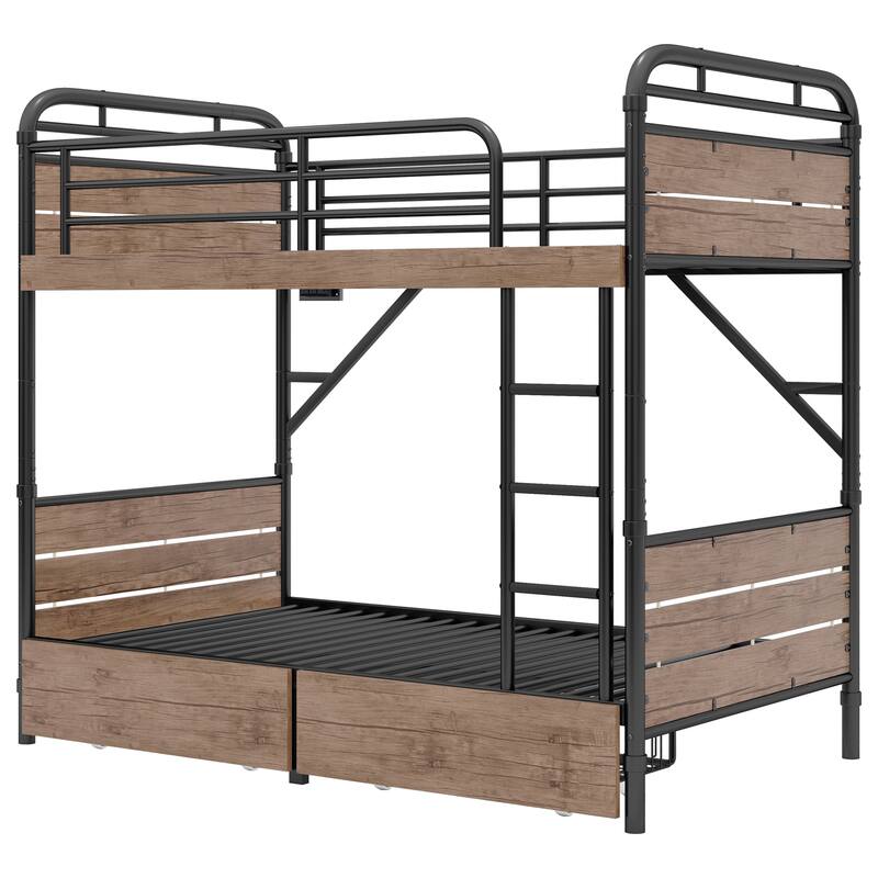 Detachable Twin XL Metal Bunk Bed with LED Lights, Charge Station, and Storage Drawers