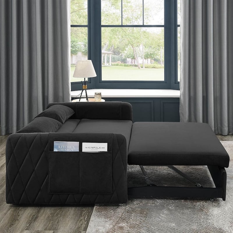 55" Modern Velvet Convertible Sofa Bed with 2 Removable Arm Pockets and 2 Pillows
