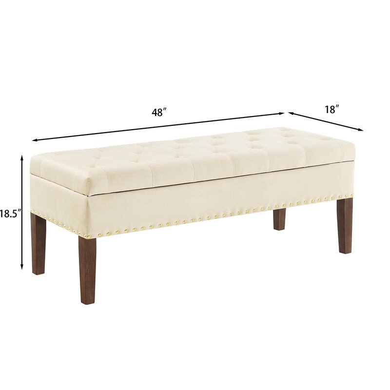 Modern Storage Bench with Wooden Legs, 48 Inch Upholstered Ottoman Bench Velvet End of Bed Stool, Entryway Bench