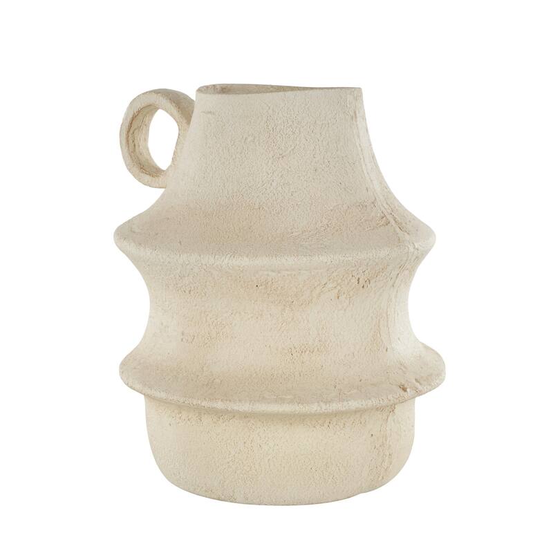 Cream Paper Mache Fluted Decorative Vase with Brown Distressed Texturing and Ring Handle