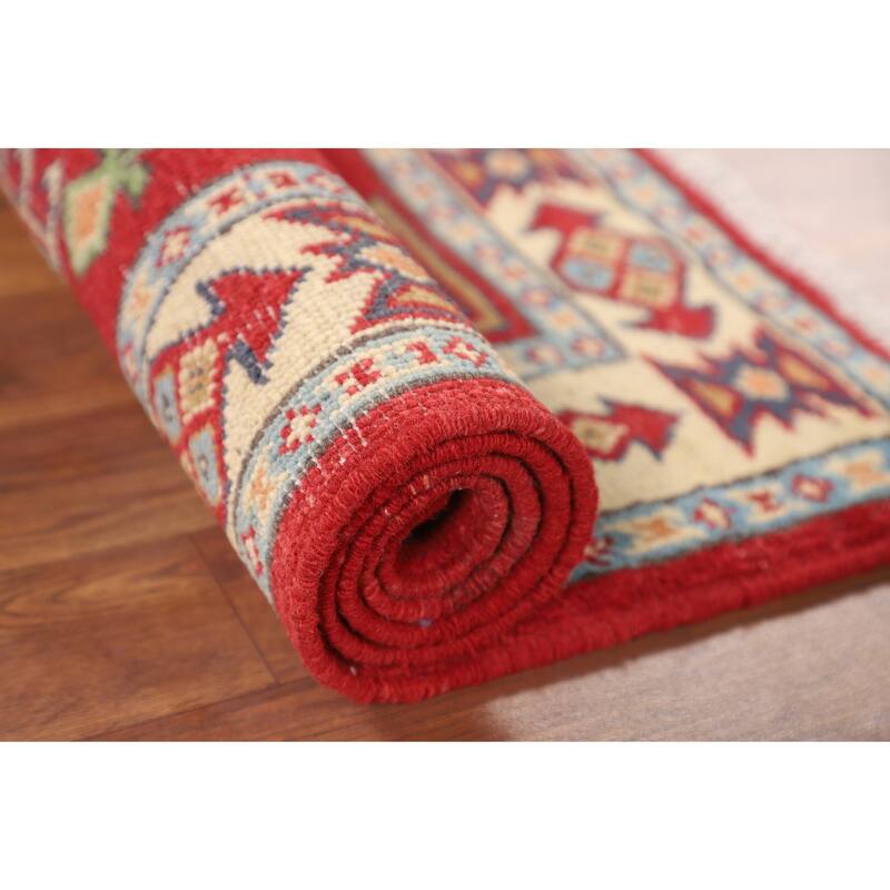 Red Geometric Kazak Oriental Accent Rug Handmade Wool Carpet - 2'8" x 3'11"
