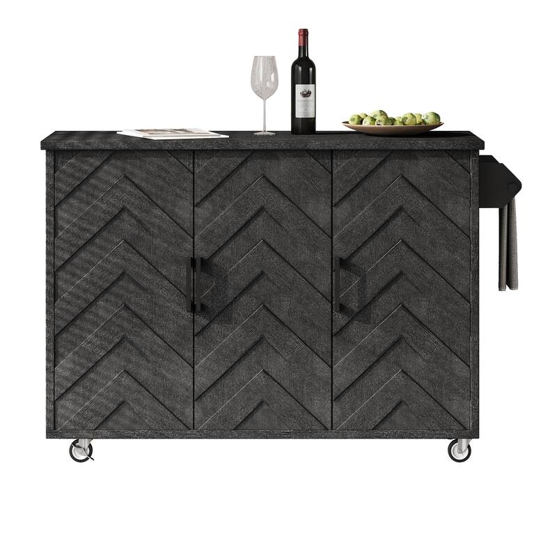 Farmhouse Style 51.2" Rolling Kitchen Island with 3D Wave Stripes Ash Veneer, Drop Leaf & Storage Racks
