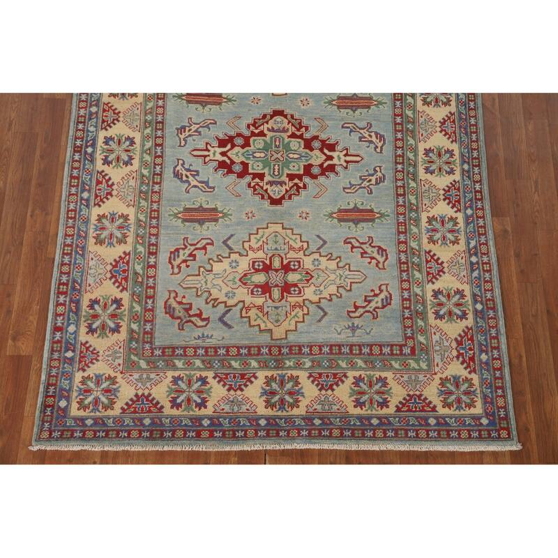 Light Blue Geometric Kazak Area Rug Handmade Wool Carpet - 4'11" x 6'10"