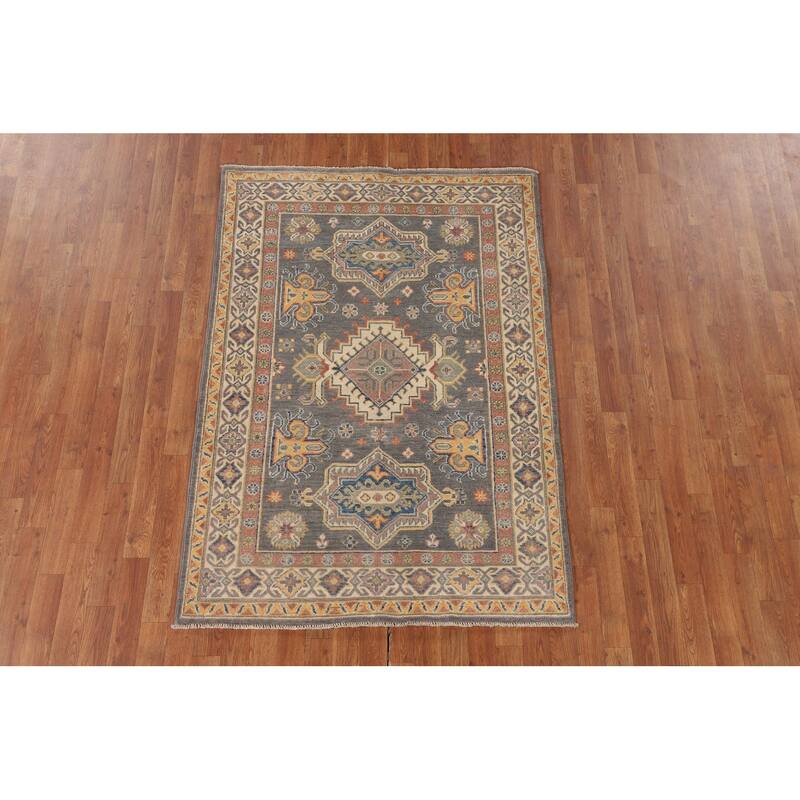 Gray Geometric Kazak Area Rug Handmade Wool Carpet - 4'0"x 5'11"