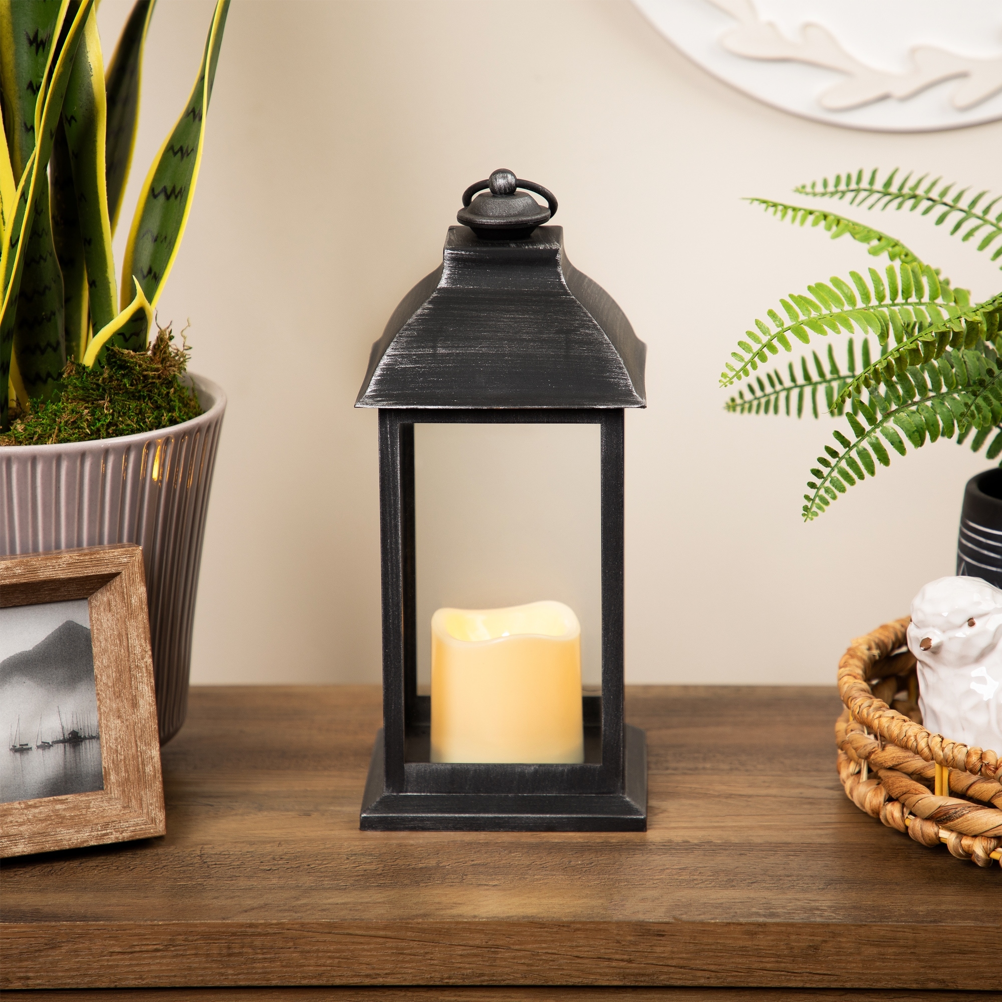 LED Lantern with Flameless Candle - 12.5" - Brushed Silver Finish