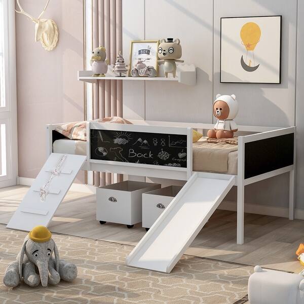 slide 2 of 76, Impression Twin size Loft Bed Wooden Kids Bed with Slide,Two Storage Boxes,Climbing Frame and Writing Board White