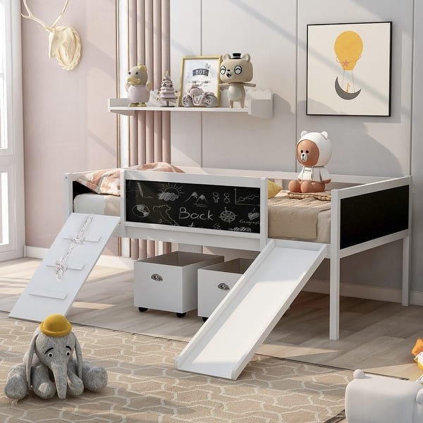 slide 2 of 27, Twin Size Loft Bed with Three Blackboards, Two Storage Boxes, and Slide, Perfect for Kids' Bedroom Playtime White