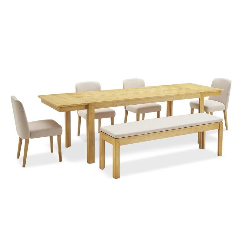 mopio Logan Upholstered Beige Dining Chair Set, Modern Farmhouse Solid Wood Dining Table Set for Dining Room Kitchen - 6 Piece Set (4 Chairs + 64" Bench)