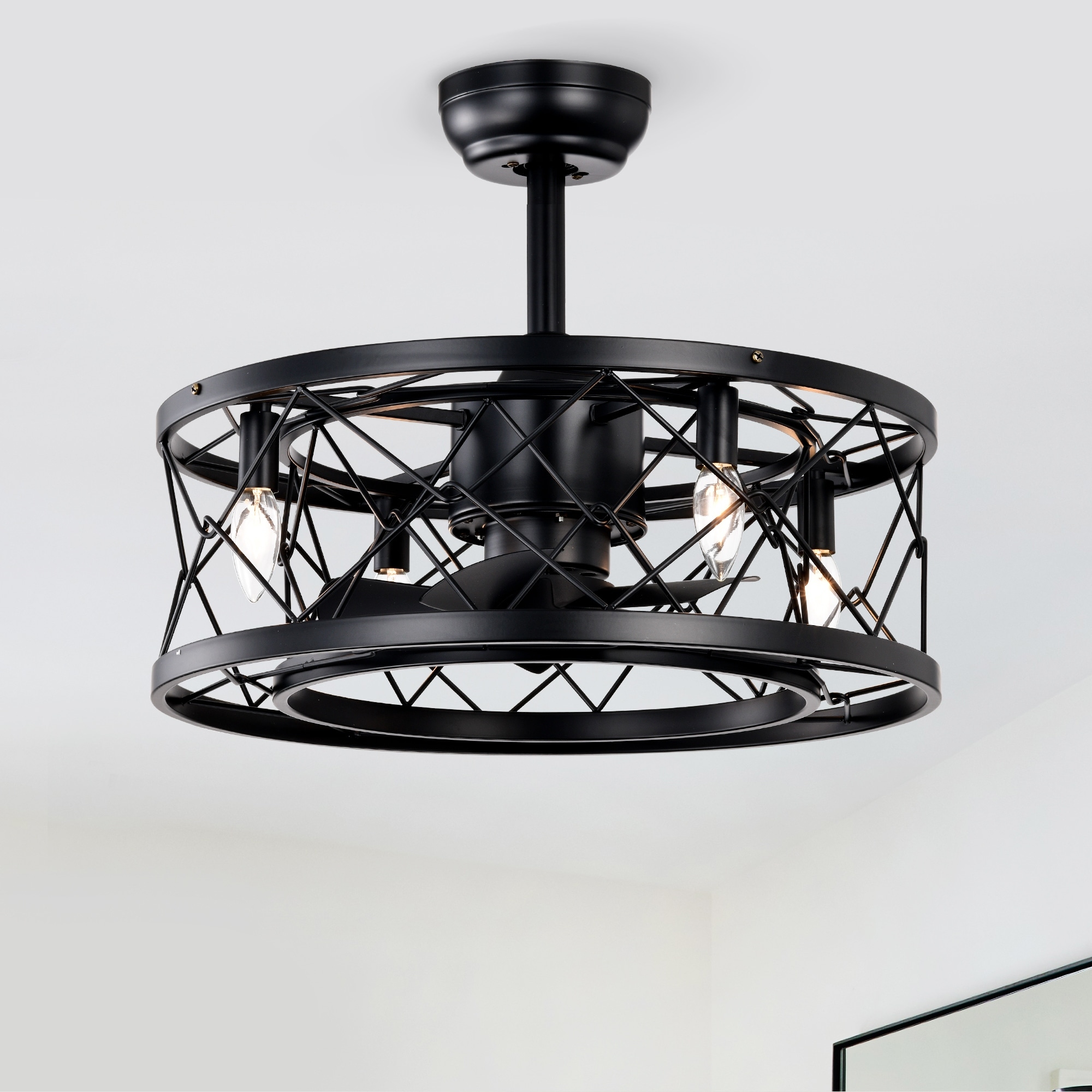 20'' Industrial Caged Ceiling Fan with Light and Remote Control, Enclosed Bladeless Reversible AC Motor Ceiling Fan For Bedroom