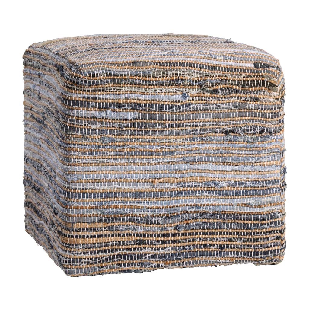 Frisco Hand Woven Square Pouf, Recycled Denim and Natural Jute