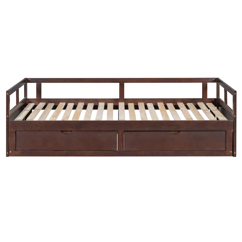 Pine Wood Daybed with Pull-Out Trundle and Two Storage Drawers, Twin to King - Espresso - Twin