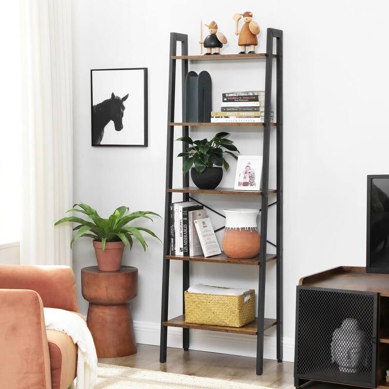 Black Metal 5-Tier Ladder Shelf with Steel Frame and Industrial Rustic Wood Shelves