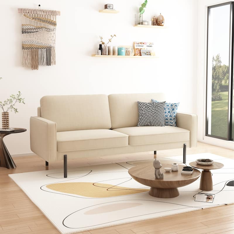 Modern Minimalist Luxe Linen Sofa with Lofted Black Metal Legs - Natural Beige