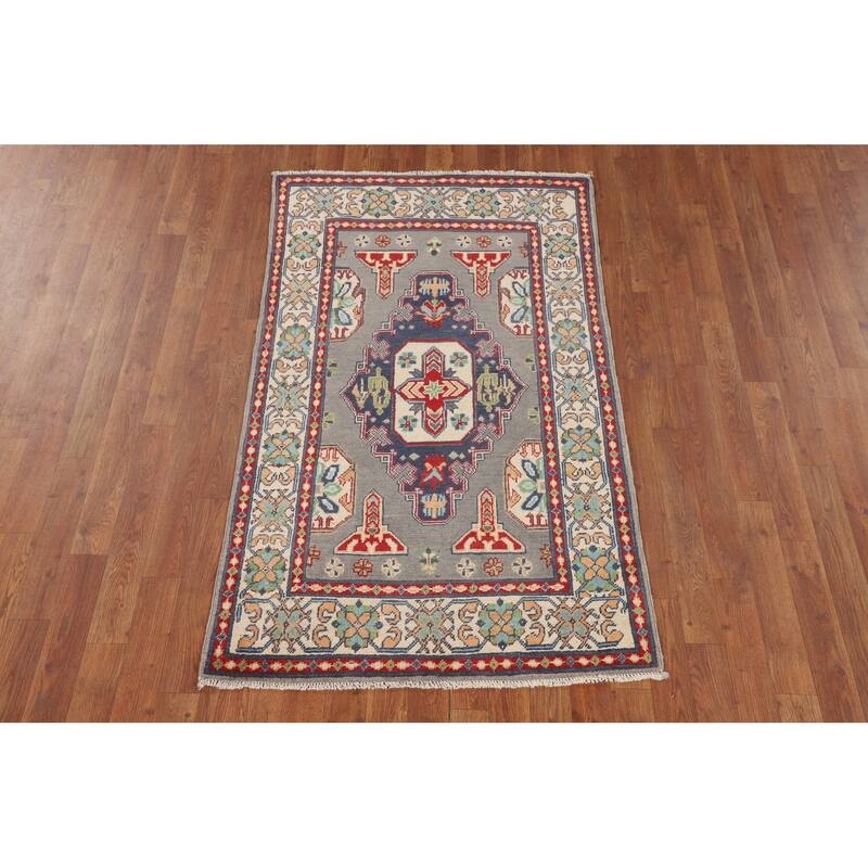 Geometric Kazak Accent Rug Handmade Grey Wool Carpet - 3'1" x 5'1"
