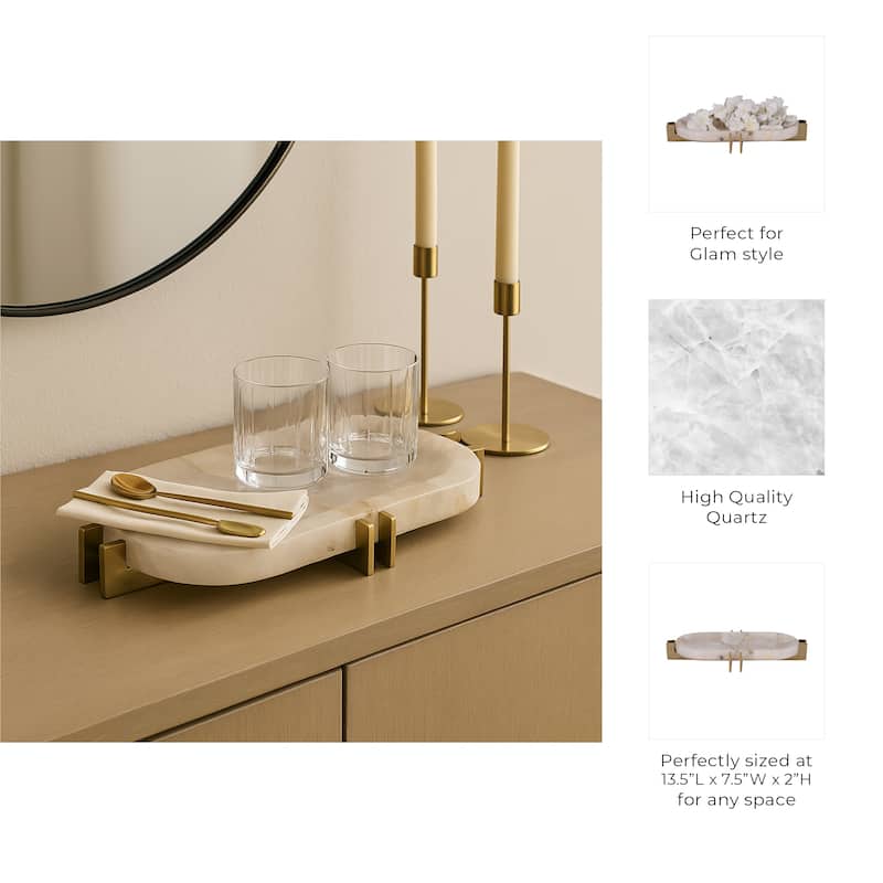 Quartz Accent Tray with Metal Base - Home Decor - 14", White & Gold - 13.5"