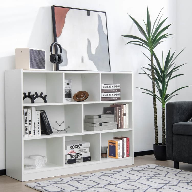 Freestanding 3-Tier Bookcase with 8 Open Cubes and Sturdy Screw Construction and Floor Protection - White