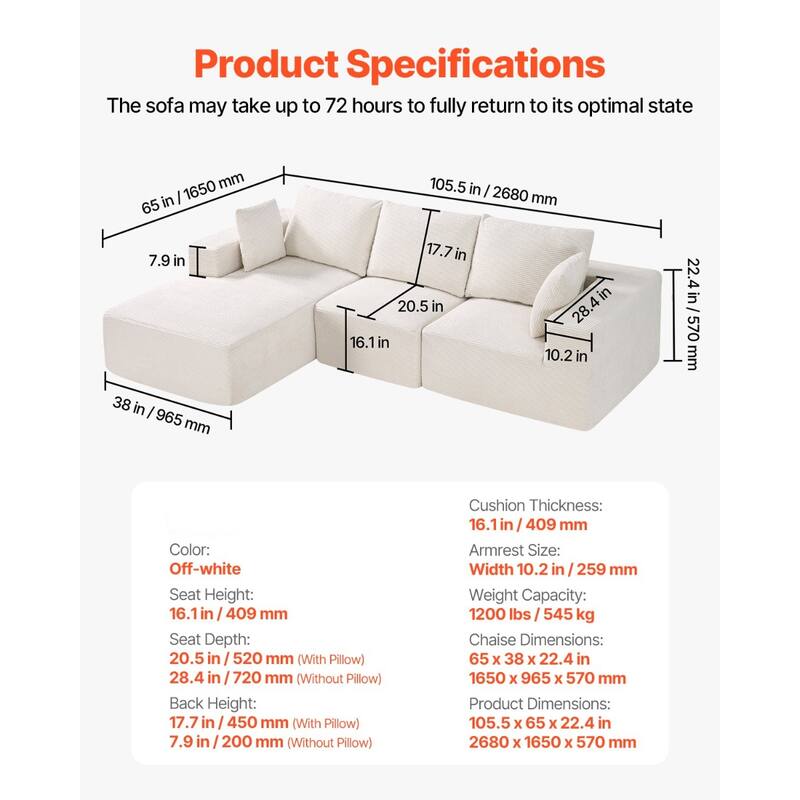 Modular L-Shaped Corduroy Sectional Sofa with Chaise, Extra Wide Armrests - 104.3 x 65 x 22.4 in
