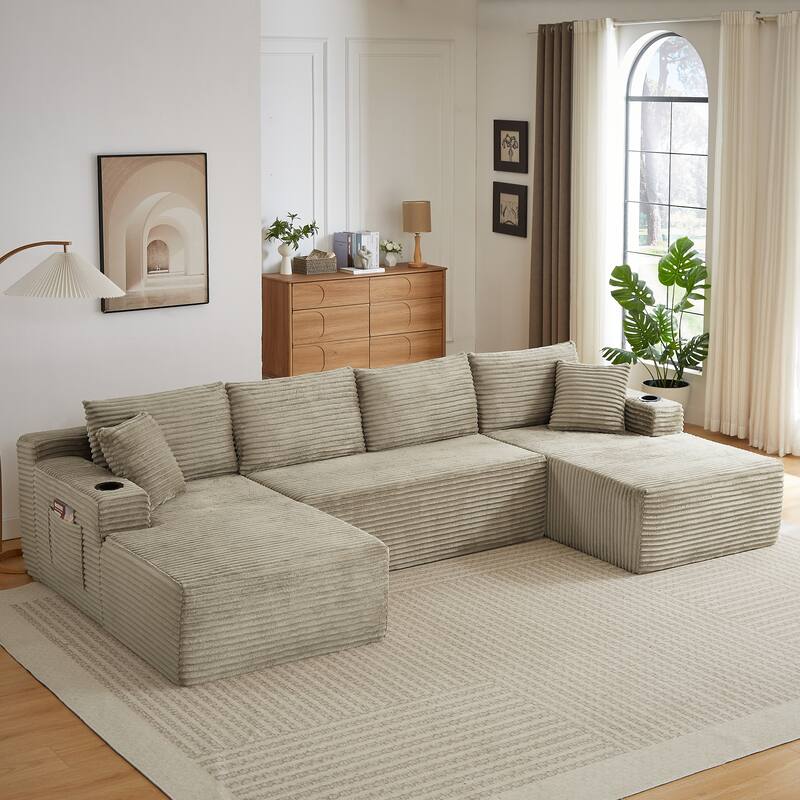 U-Shaped Modular Sectional Sofa with Dual Chaise Lounges, Corduroy Cloud Couch with Cup Holders, Compressible Deep Seat Sofa
