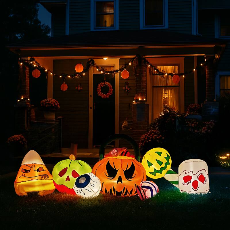 8FT Halloween Inflatable Outdoor Decoration with Ghosts Pumpkins Candy and LED Lights