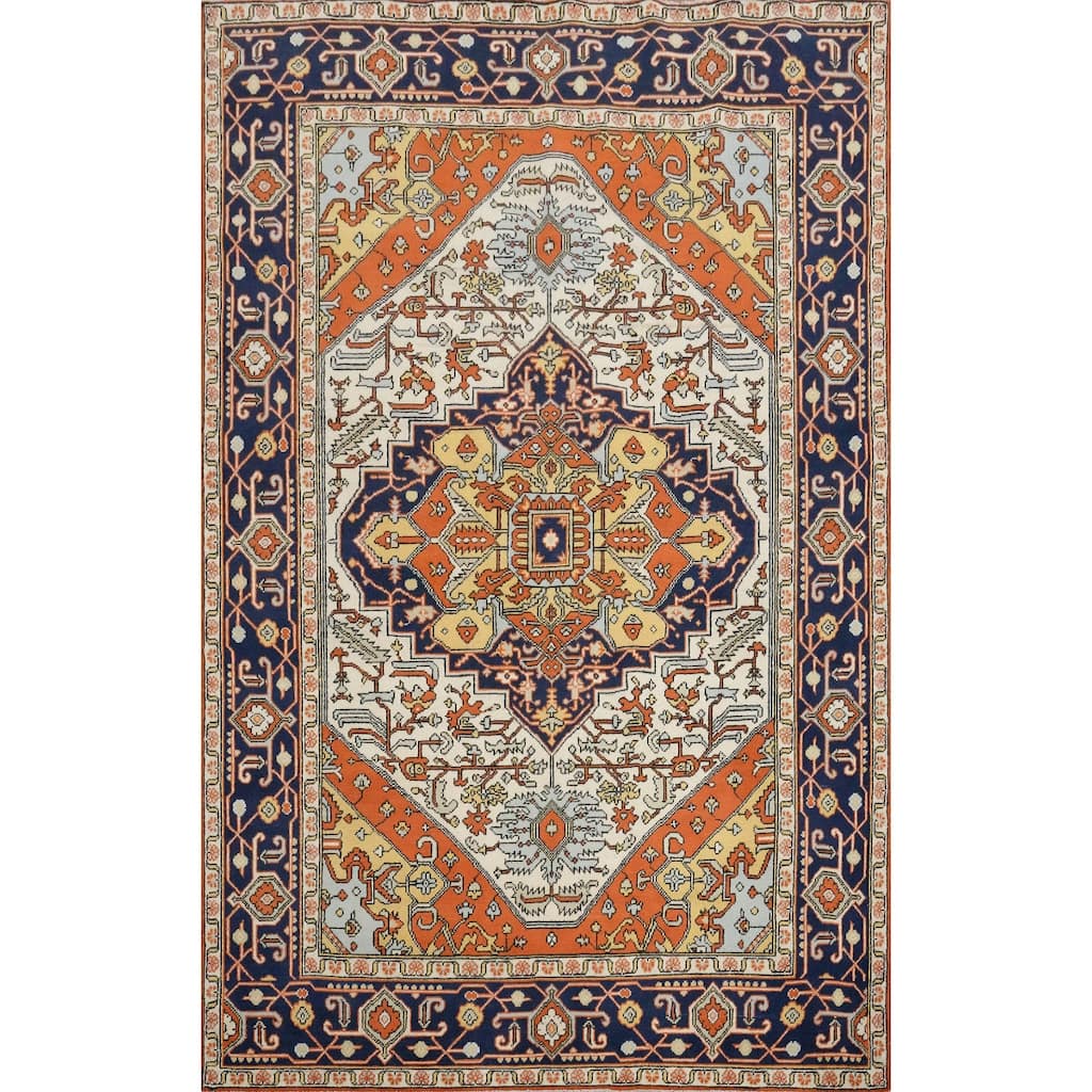 Hand Knotted Oriental 100% Wool Carpet Traditional Medallion Beige & Ivories Heriz (serapi) Area Rug - 8' 4'' X 6' 0''