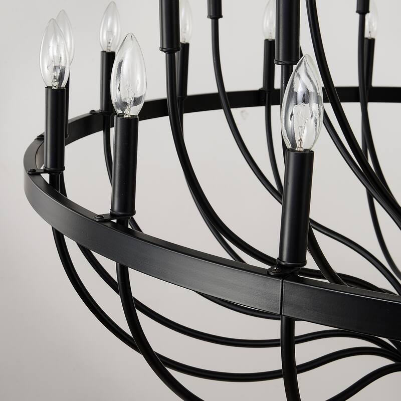 Farmhouse Suspended Pendant Light Fixture 24-Light Black Industrial Iron Candle Chandelier, for Dining Room, Living Room