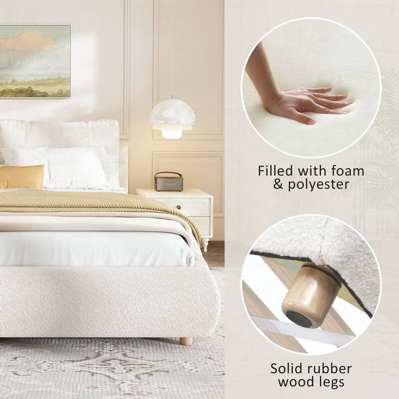 Boucle Fabric Upholstered Platform Bed with Two Removable Pillow Headboard