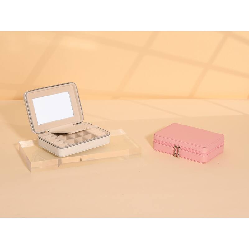 Travel Jewelry Box with Mirror for Girls, Portable PU Leather Jewelry Organizer Case Storage Display Holder - 20x15x6cm