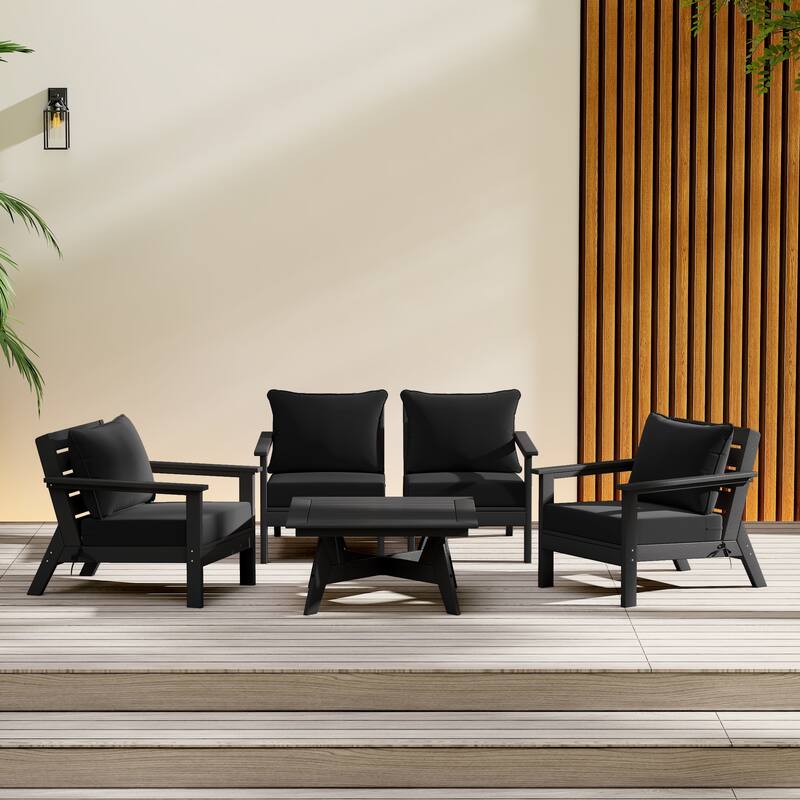 Birchwood All Weather HDPE Outdoor Patio Black Deep Seating Conversation Set (5-Piece Set) - Black/Black