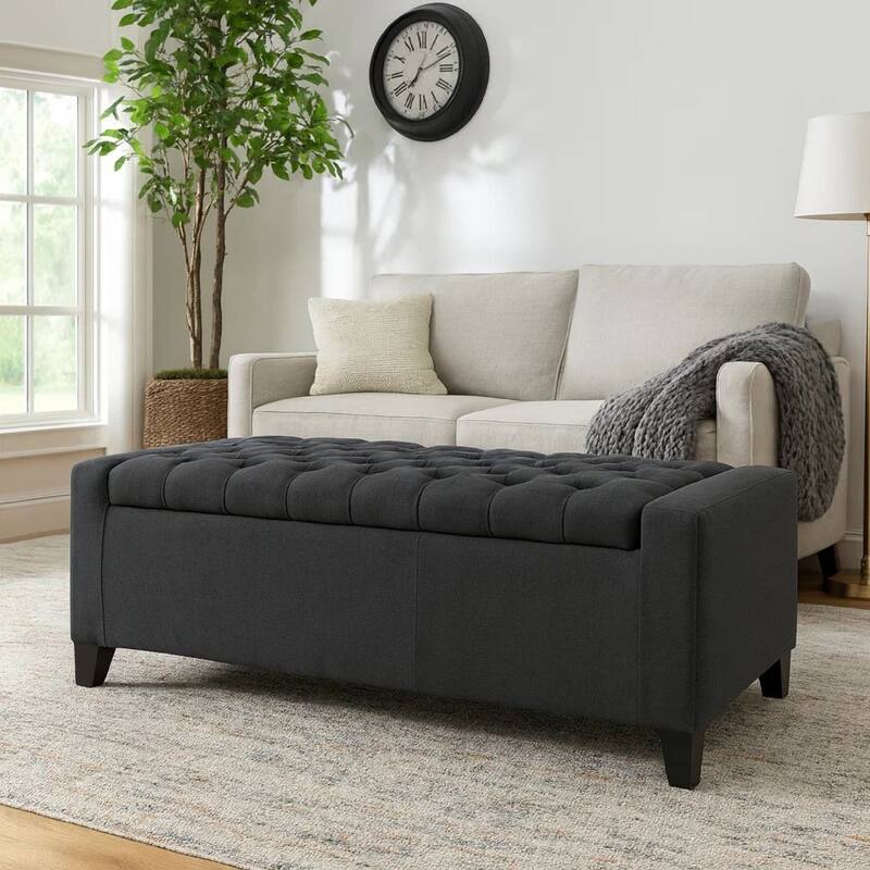 Storage Ottoman Bench, Dark Gray Fabric, Tufted Top, 51 Inch