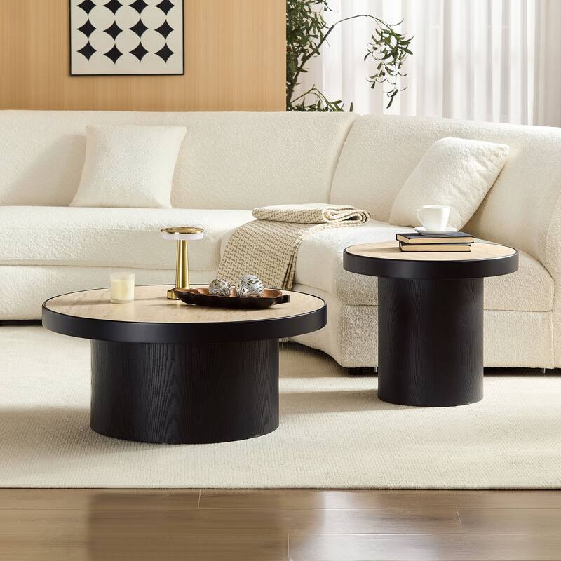 Nesting Round Coffee Table Set with Sintered Stone Tabletop, Modern Living Room Center Table