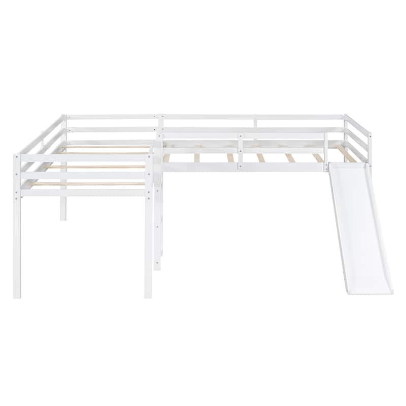 Twin L-Shaped Loft Bed with Slide and Ladder, Space-Saving Corner Design